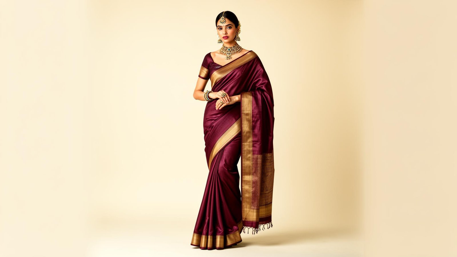 Elegant woman wearing a beautiful maroon and gold traditional silk saree